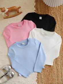 SHEIN Leap Crew 年轻女孩 4 件套圆领短款长袖基本款纯色针织 T 恤，非常适合秋冬季休闲日常穿着和学校日常穿着