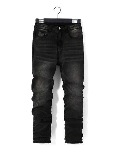 SHEIN Jeans negros cómodos y refrescantes con diseño de lavado oscuro con elasticidad para uso diario y vuelta al colegio para adolescentes