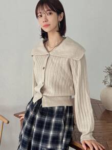 FRIFUL 女士休闲纯色翻领开衫，春秋装，秋季女装 - 杏色 - 查看 3
