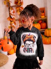Young Girls Halloween Graphic Print Black Loose Pullover Sweatshirt - Black - View 4