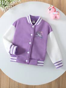 Genkimix Kids 女童可愛獨角獸棒球夾克，秋冬嬰兒白色 - 紫色 - 查看 5