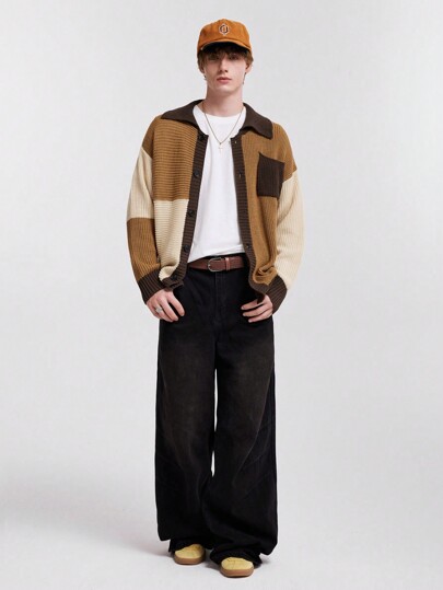 ROMWE Avant Men's Grandpacore Color Block Patchwork Casual Cardigan, Spring/Autumn