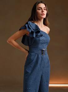 Anewsta Women's Solid Color Minimalist Casual Asymmetrical Neck Jumpsuit