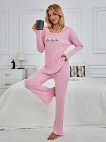 RueChic Letter Graphic Rib-knit Lounge Set - Pink - View 5