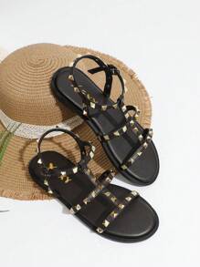 Dép đế bằng kiểu La Mã cho nữ thời trang hở mũi ngoài trời thường ngày bãi biển đường phố đinh tán trang trí bằng mút hoạt tính, màu đen - Gỗ đỏ - Xem 7