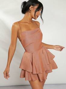 SHEIN Unity Shiny Tiered Ruffle Lace Up Backless Dress
