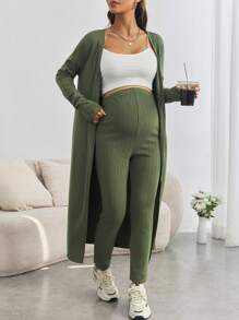 SHEIN 2pcs Maternity Outfit - Adjustable Waist Cardigan Jacket And Skinny Pants Set - Green - View 5