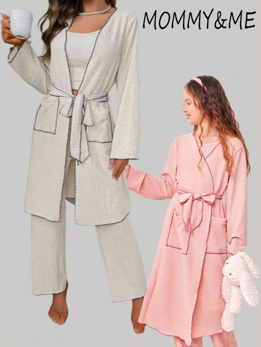 3pcs Girls Pajama Set: Loose Long Sleeve Robe, Cami Top & Wide Leg Pants, Pink - Pink - View 1