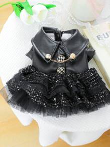 PETSIN 1pc Pet Black Sequin Patchwork Mini Skirt, Motorcycle Style Casual Dog Dress For Winter