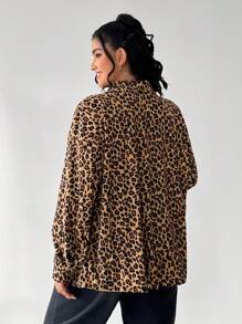 SHEIN EZwear Plus Size Women Leopard Print Letter Drop Shoulder Casual Jacket, Spring Autumn Winter Fall - Multicolor - View 3