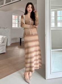 DAZY Conjunto de cárdigan y falda de punto degradado para mujer, ropa de otoño para mujer - Caqui - Ver 3