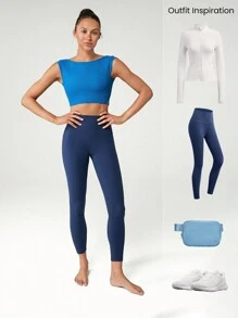 GLOWMODE FeatherFit™ Just Do U-Back 短袖割裂裾短款背心，低衝擊瑜珈日常穿著 - Blue Power - 查看 7