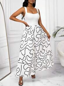 Zolique Vestido de verano elegante con estampado de color contrastante y patchwork sin mangas - Blanco y Negro - Ver 5