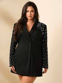 SHEIN BAE Plus Size Fall Black Embellished White Pearl Waist Suit Dress 
 Suitable For Elegant Parties And Commuting To Work - Black - View 5