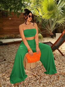 SHEIN SXY Women Fashionable Ruched Strapless Wide Leg Pants Set Summer Vacation Holiday Beach BOHO Sexy Vacation Outfits Women