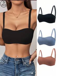 3PCS Wireless Padded Push Up Half Bra Bandeau Bralette With Adjustable Strap - Multicolor - View 2