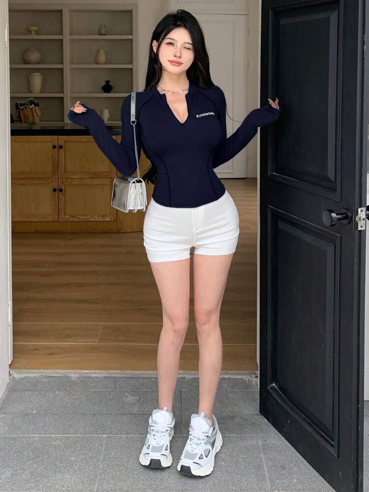 Women Mock Neck Letter Print Long Sleeve Fitted T-Shirt With Seam Detail,Fall Clothes Preppy Tops Turtleneck Women