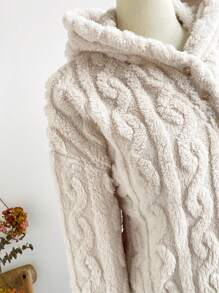 Dreamara Plus Size Women's Hooded Sweater, White Cable Knit Fleece, Adjustable Drawstring Hem, Long Sleeve Warm Pullover For Autumn & Winter