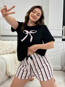 Plus Size Bowknot & Striped Print Short Sleeve Pajama Set - Black - View 6