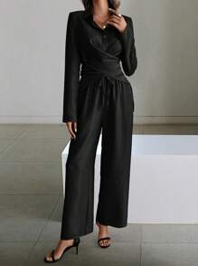 SHEIN Clasi 2pcs Ladies Solid Color Minimalist Daily Use Long Sleeve Top & Pants Set Fall Cloth For Women - Black - View 3