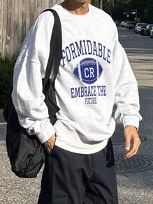 DAZY Men's Letter Print Drop Shoulder Crew Neck Pullover Sweatshirt, Autumn - Grey - View 5