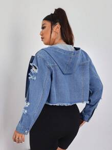 SHEIN ICON Plus Size Women's Solid Color Casual Hooded Long Sleeve Denim Jacket - Blue - View 2