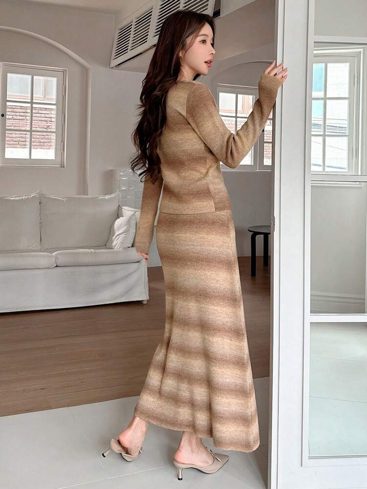 Women's Ombre Knitted Cardigan And Skirt Set,Fall Clothes Women Sweater