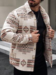 Manfinity RSRT Men's Geometric Pattern Long Sleeve Casual Loose Shacket, Spring Autumn Work Colorful Shacket, For Friends, Husband, Boyfriend Gifts - Khaki - View 8