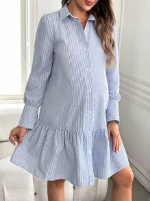 SHEIN Vestido midi de manga larga con cuello polo a rayas para embarazadas, otoño