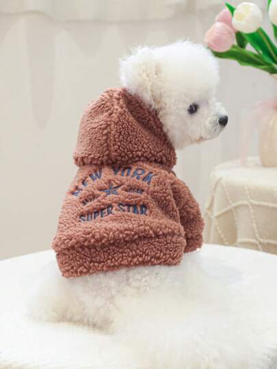 PETSIN 1 件宠物连帽砖红色加绒加厚夹克带字母刺绣休闲舒适牵引绳遛狗外套适合秋冬季