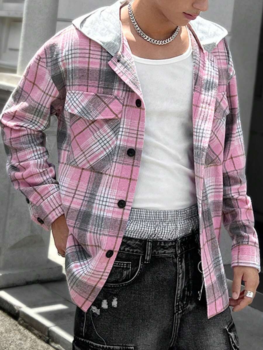 Manfinity VCAY 男士休闲格纹拼接拉链连帽长袖夹克，秋冬款 - 粉色 - 查看 1