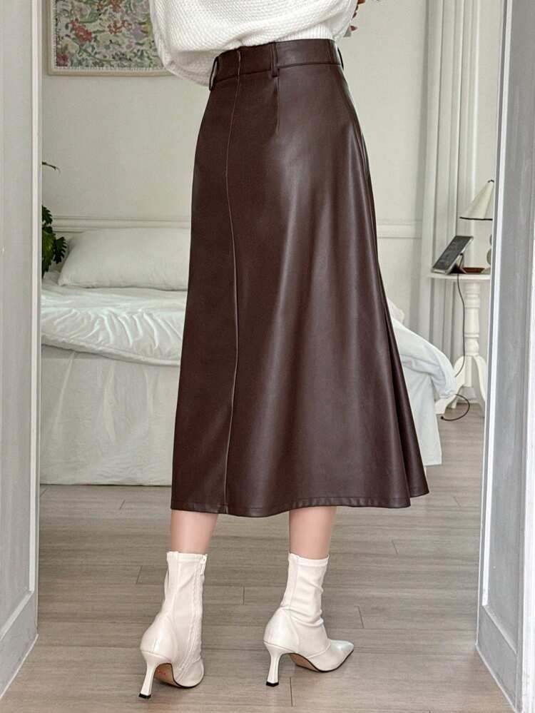Women's A-Line Solid Color PU Skirt,Fall Clothes Leather Skirt Winter Women Skirts