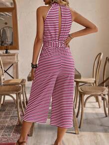 SHEIN LUNE 女士条纹印花露肩连体裤 - 粉色 - 查看 2