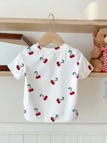 SHEIN Leap Crew ModeFlare Wear Baby Girl Casual Minimalist Cute Cherry Pattern White Short Sleeve Fitted Crew Neck Top, Suitable For Summer Baby Girl Clothes, Basic T-Shirt, Cute Shirts, Cute Tops For School - White - View 2