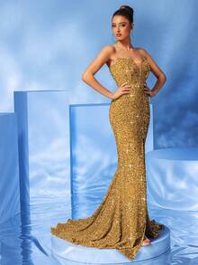 Váy đuôi cá xẻ đùi sequin, váy dạ hội, cho khách dự tiệc cưới, tốt nghiệp, tiệc tối - Vàng - Xem 4