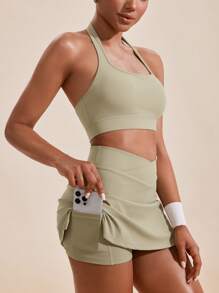 VARSITIE 纯色挂脖休闲上衣和下装女士运动套装 - 綠色 - 查看 4