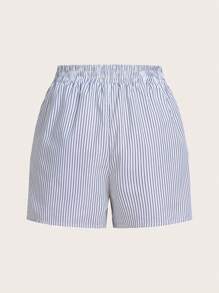 SHEIN Essnce 2 peças Conjunto casual de blusa e shorts listrados azul e branco para mulheres no verão - Azul e Branco - Visão 6