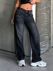 EURMUSE Jeans 100% algodão cintura baixa corte reto - Preto - Ver 6