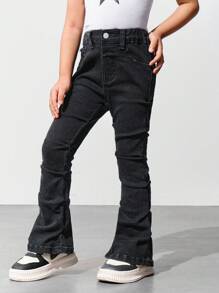 SHEIN Explorewe Young Girls' Black Washed Elastic Ruched Flare Leg Jeans - Black - View 3
