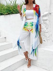 EMERY ROSE Women Fashion Jacket And Pants Suit + Colorful Printed Pattern - White - View 5