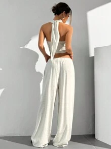 SHEIN EZwear 2 pièces/ensemble Top sans manches à col ras-du-cou et dos nu de couleur unie et pantalon long à cordon de serrage pour femmes