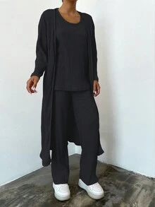 RueChic 素色背心上衣和褲子&落肩袖開門襟外套 - 深灰色 - 查看 1