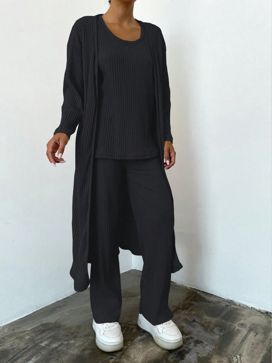 RueChic 素色背心上衣和褲子&落肩袖開門襟外套 - 深灰色 - 查看 1