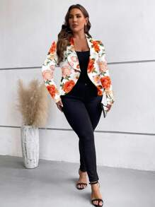 SHEIN Clasi Plus Size Women's Orange Floral Pattern Allover Printed Jacket, Suitable For Autumn Winter Autumn And Winter Fall
