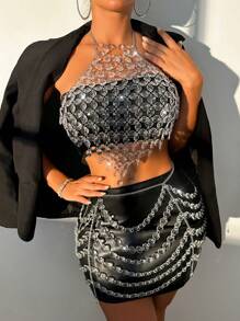 Zolique 2pcs Women Sexy Sequin Backless Halter Top And Mini Skirt 2 Pieces Set, Summer