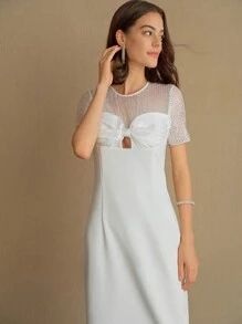 MOTF STUDIO CONTRAST SEQUIN YOKE RUCHED BUST SLIM FIT DRESS - White - View 8