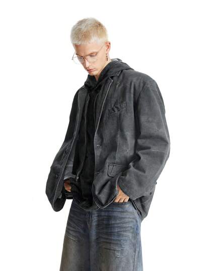 NEON BLANC 男士街头风格水洗棉质宽松西装外套，配有宽松垫肩和印花设计，适合秋冬季