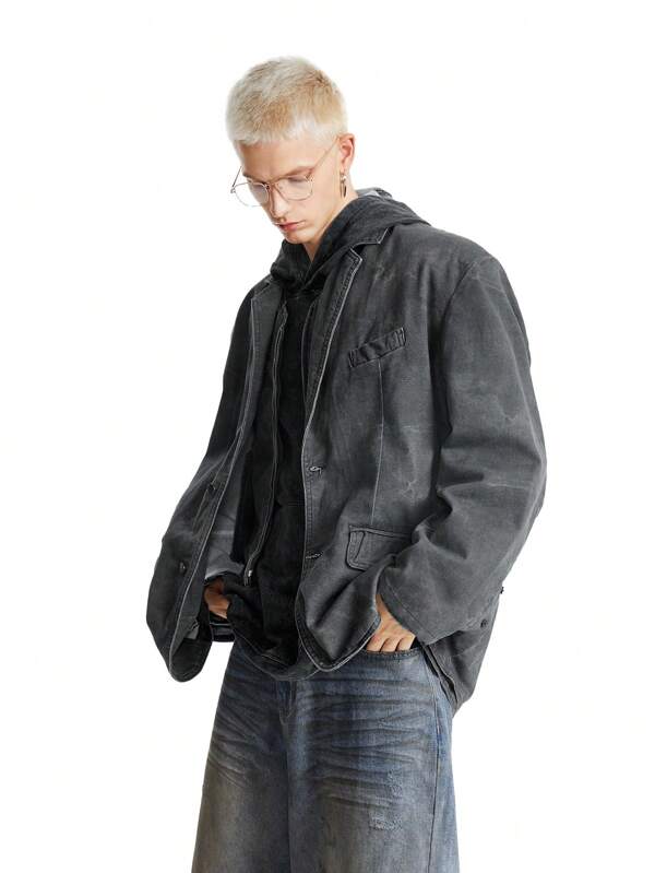 NEON BLANC Blazer de estilo callejero para hombres, de algodón lavado, con corte boxy, hombros acolchados sueltos y diseño estampado, adecuado para otoño e invierno