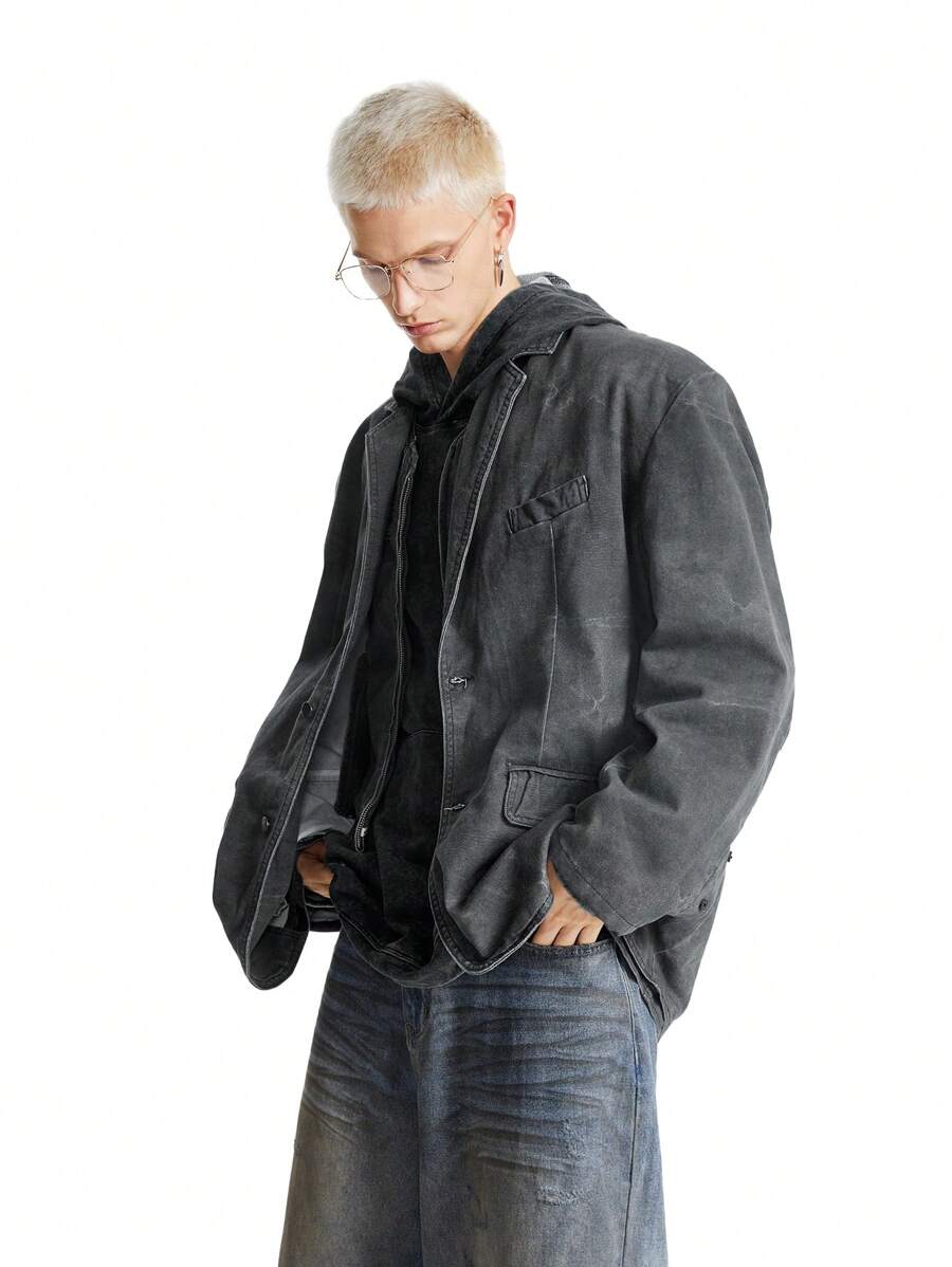 NEON BLANC 男士街头风格水洗棉质宽松西装外套，配有宽松垫肩和印花设计，适合秋冬季