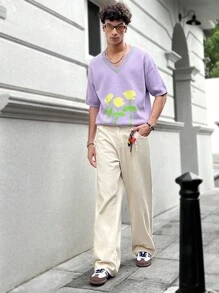 Manfinity Hypemode Suéter de punto de manga corta casual con cuello en V y estampado floral para hombres - Morado - Ver 5